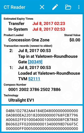 Screenshot of CT Reader displaying ticket data.