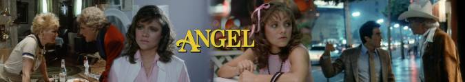 Montage of images from Angel (1984).  Pictured are Susan Tyrrell, Dick Shawn, Donna Wilkes, and Rory Calhoun.